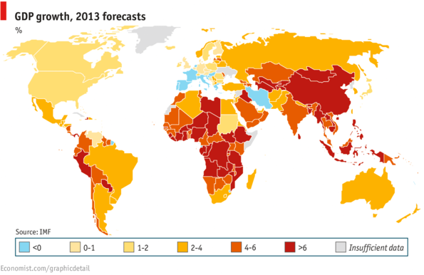 GDP Growth in 2013 forecasts by IMF and Economist