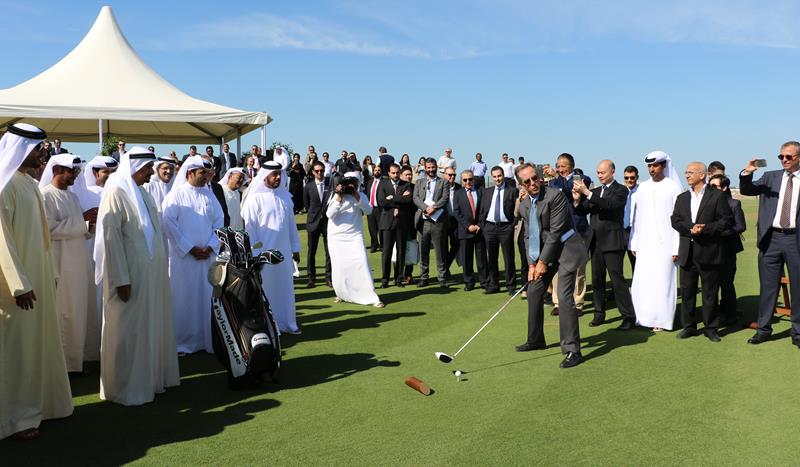Troon Golf's Area Managing Director Senior Vice President Middle East Mark Chapleski hits the first tee shot to officially open Al Zorah Golf Club