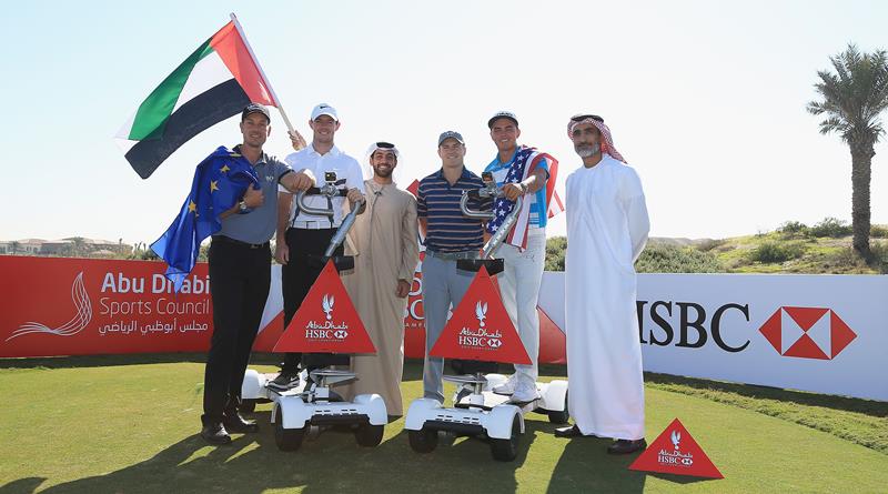 ABU DHABI, UNITED ARAB EMIRATES - JANUARY 19: Henrik Stenson of Sweden, Rory McIlroy of Northern Ireland, Jordan Spieth and Rickie Fowler of the United States and pictured during a photocall with members of the Abu Dhabi Sports Council at Saadiyat Beach Golf Club prior to the Abu Dhabi HSBC Golf Champinoship on January 19, 2016 in Abu Dhabi, United Arab Emirates. (Photo by Matthew Lewis/Getty Images)
