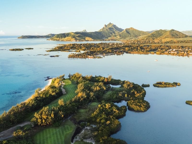 Ile aux Cerfs Golf Club at the end of the island from the air Mauritius